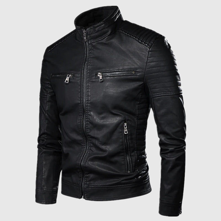 Herren Slim-Fit Biker-Lederjacke mit Stehkragen und gesteppter Schulterpartie Echoarchiv