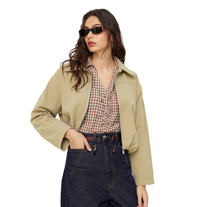 Damen kurze Oversize-Bomberjacke mit Reißverschluss, leichtem Kragen und elastischem Saum – Avenza