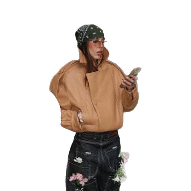 Damen Cropped Oversize-Jacke aus strukturiertem Kunstleder mit hohem Stehkragen Echoarchiv