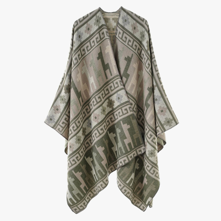 Damen Cape-Überwurf aus Jacquard-Strick mit Tier- und Ethno-Motiv Echo Archiv