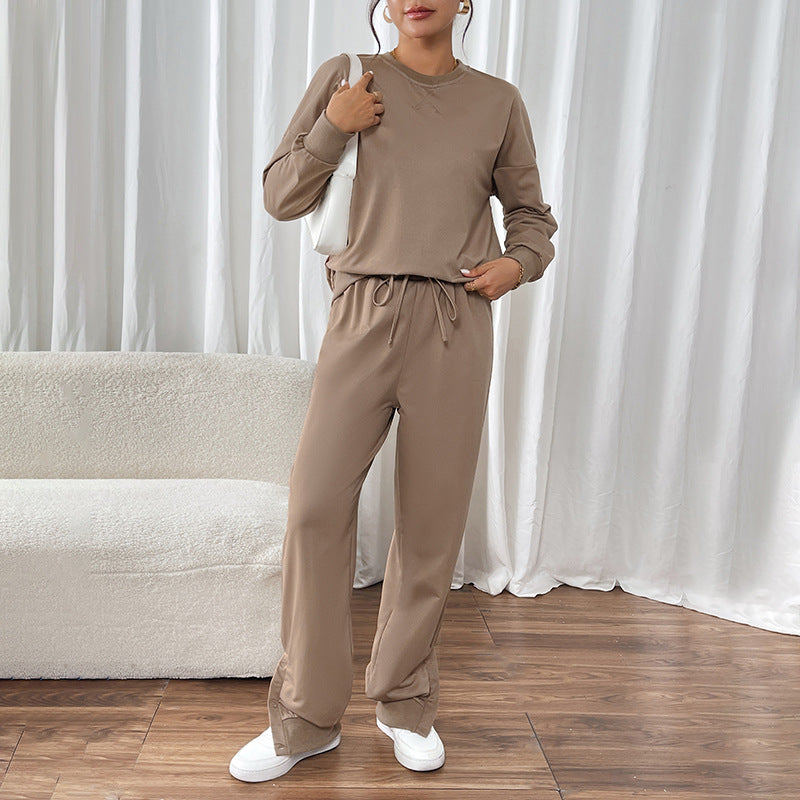 Damen Lässiges Sweat-Set mit Oversize-Rundhals und High-Waist-Hose mit Knopfmanschette Echoarchiv