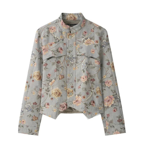 Damen Kurze Jacquard‑Blousonjacke mit Stehkragen, floraler Jacquard‑Stickerei und Pattentaschen Echo Archiv