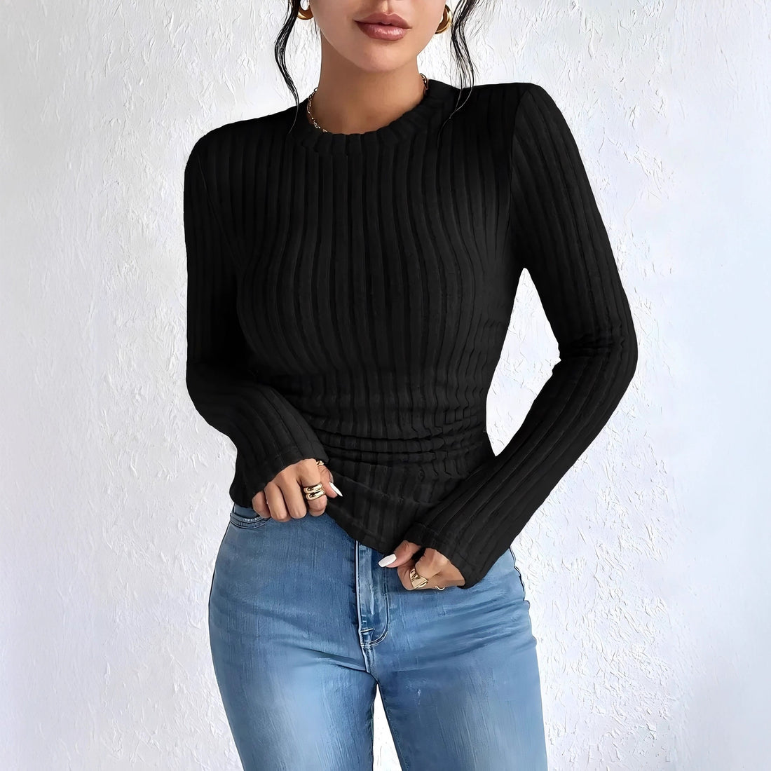 Damen Geripptes Langarmshirt mit vertikaler Plissee‑Optik und taillierter Passform – Avérine