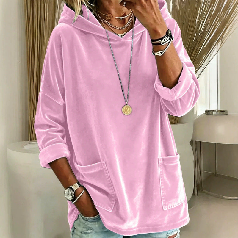 Damen Samt-Hoodie mit Kapuze, Oversize-Schnitt und aufgesetzten Taschen – Auréline