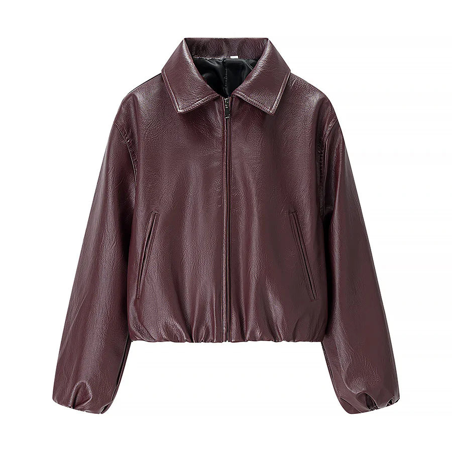Damen cropped Glanz-Kunstlederjacke im Bomberstil mit Hemdkragen und elastischem Saum – Avenza