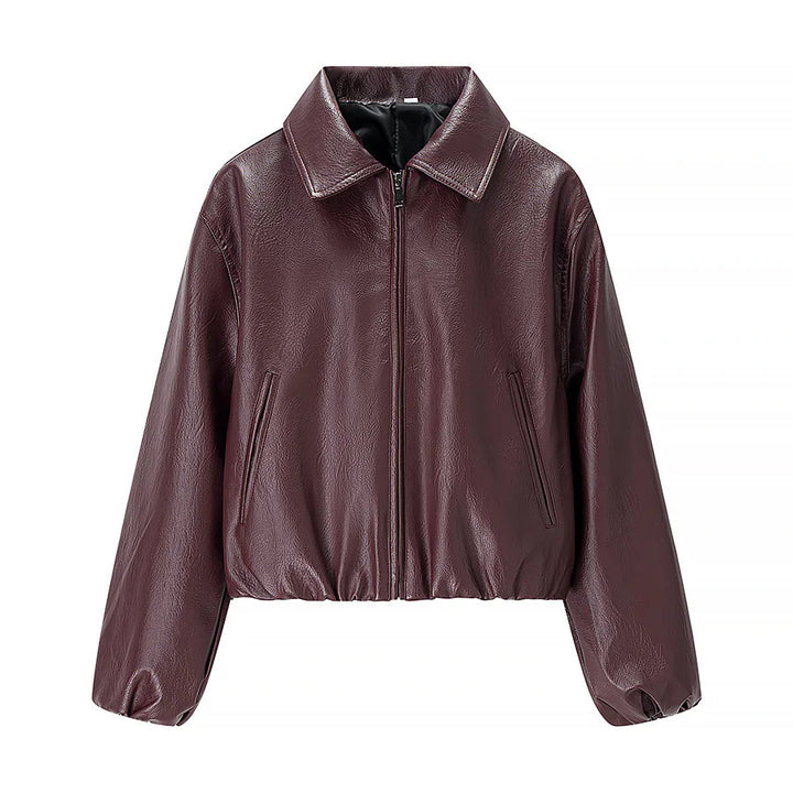 Damen cropped Glanz-Kunstlederjacke im Bomberstil mit Hemdkragen und elastischem Saum – Avenza