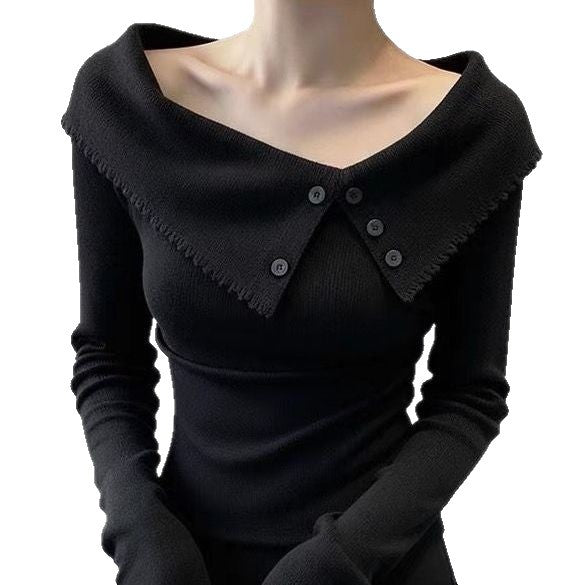 Damen Eleganter Pullover mit weitem Kragen und Knopfdetails Echo Archiv