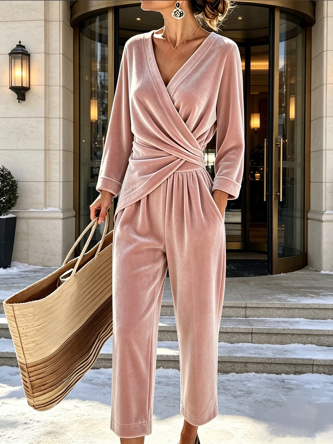 Damen Velours-Overall mit Wickeloberteil und weitem Hosenbein Echoarchiv