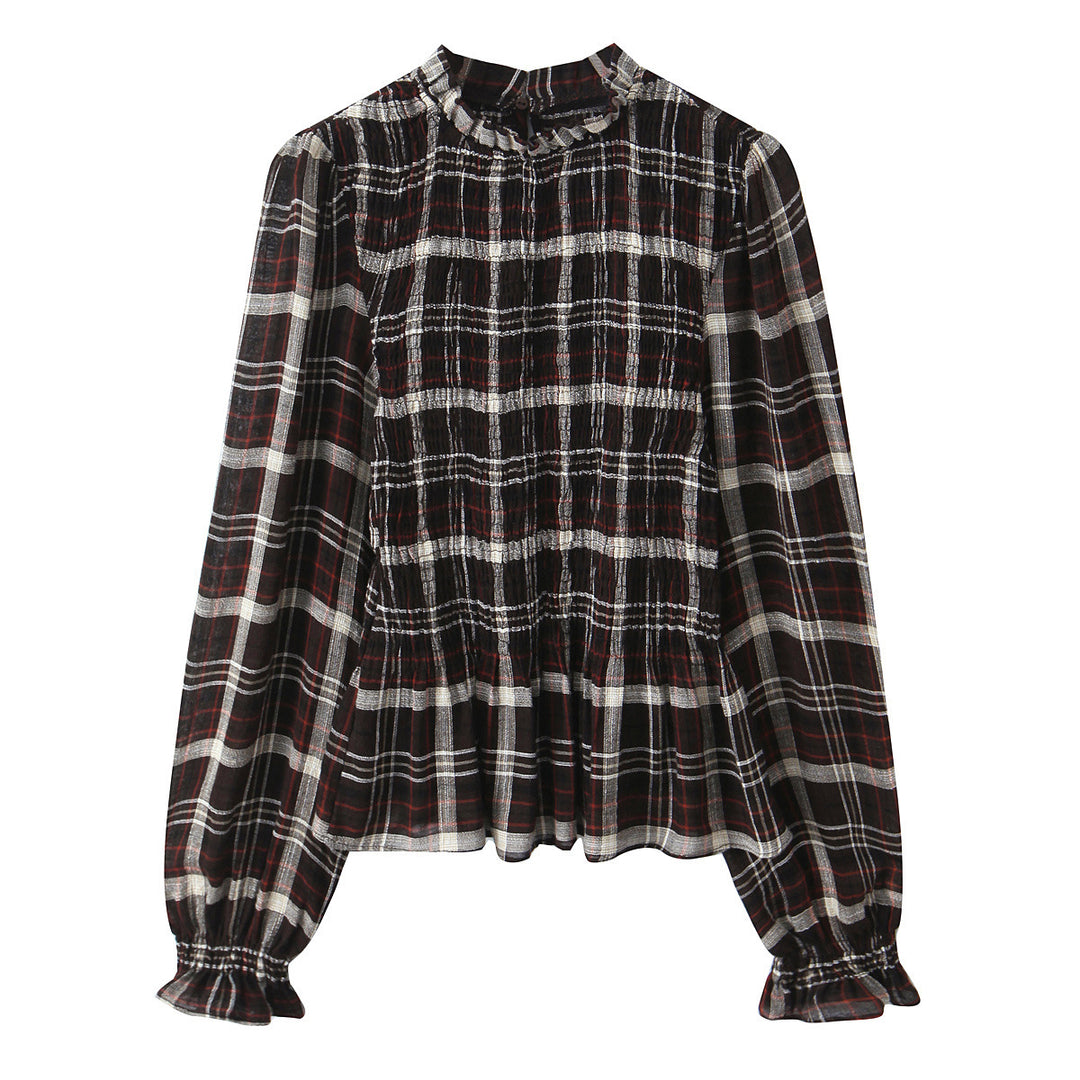 Damen Gestreifte Bluse mit Smok-Front, Stehkragen und Volant-Saum Echo Archiv