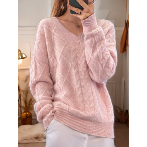Damen nan kuscheliger V-Ausschnitt Zopfmuster-Pullover mit Oversize-Schnitt und Rippabschlüssen Echo Archiv