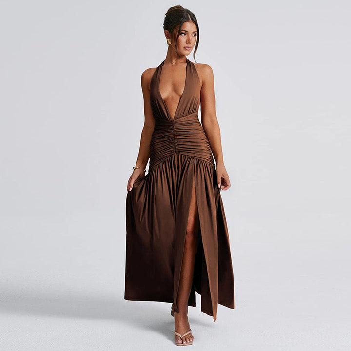 Damen Elegantes Maxikleid mit tiefem V-Ausschnitt und dekorativen Rüschendetails Echo Archiv