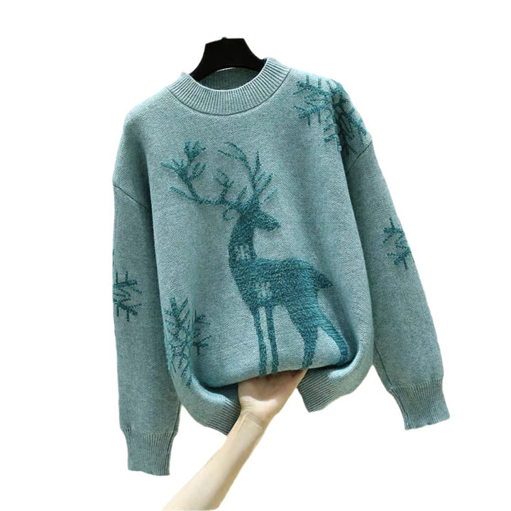 Damen Gemusterter Strickpullover mit Rentier-Jacquard, Rundhalsausschnitt und geripptem Saum – Mavelle