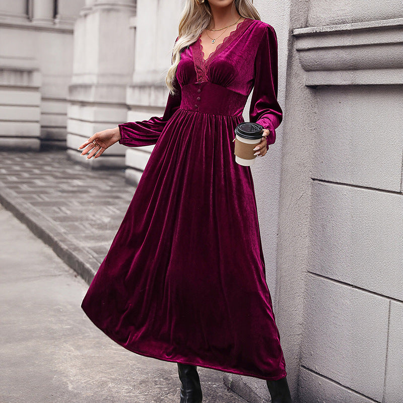 Damen Samt-Maxikleid mit V-Ausschnitt und Empire-Taille Echoarchiv