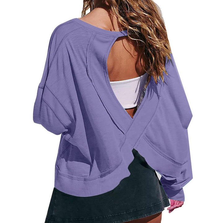 Damen Cropped-Sweatshirt mit überkreuztem Cut-Out-Rücken und rohen Saumkanten – Avérine