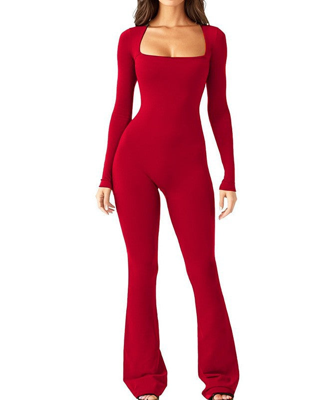 Damen nan figurbetonter Langarm-Jumpsuit mit quadratischem Ausschnitt und ausgestellter Schlaghose Echo Archiv
