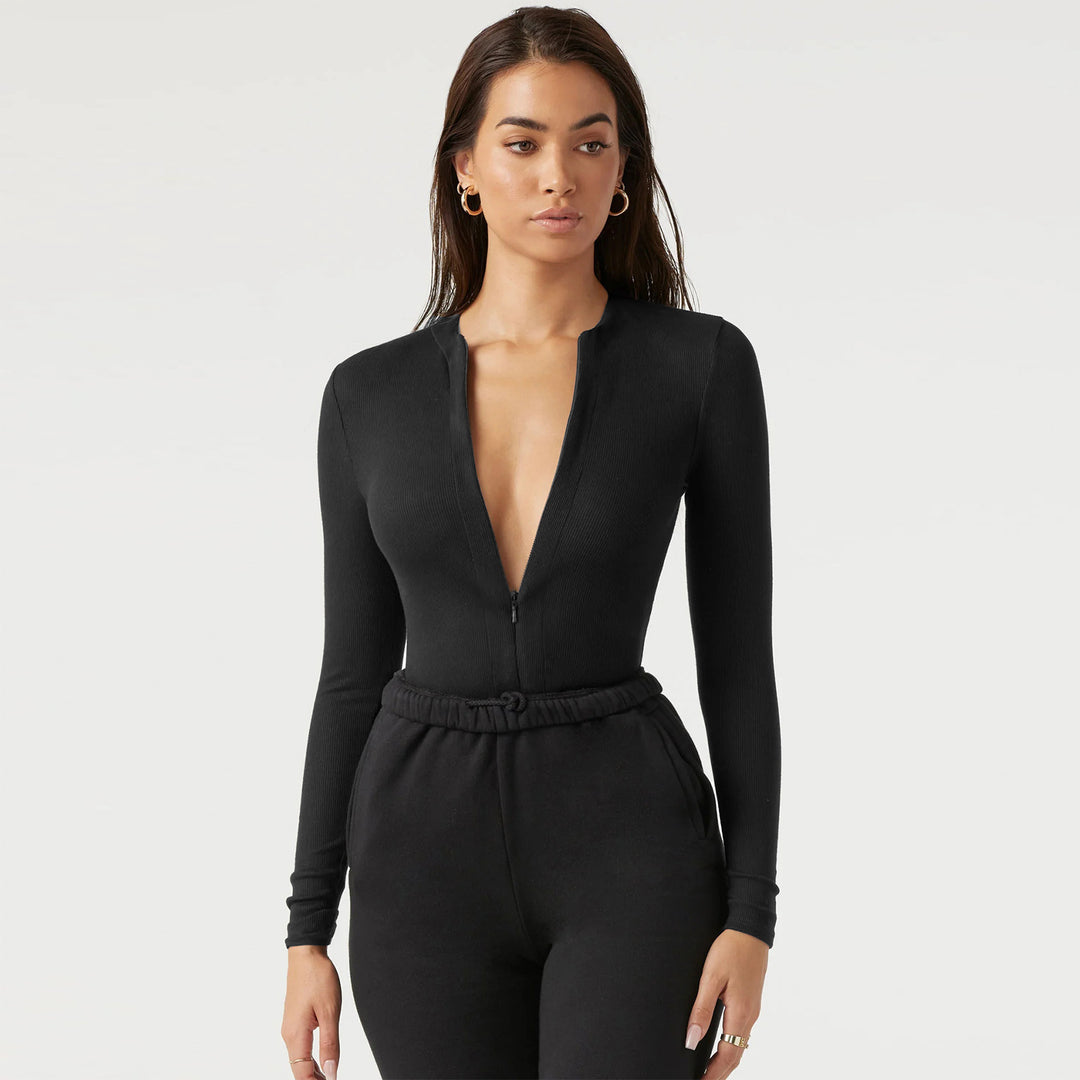 Damen Langarm-Bodysuit mit Reißverschluss Echoarchiv