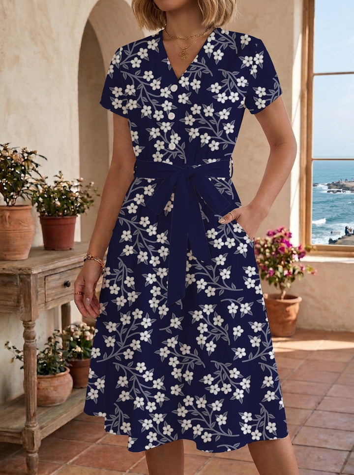 Damen Midikleid mit floralem Muster und Taillengürtel Echo Archiv