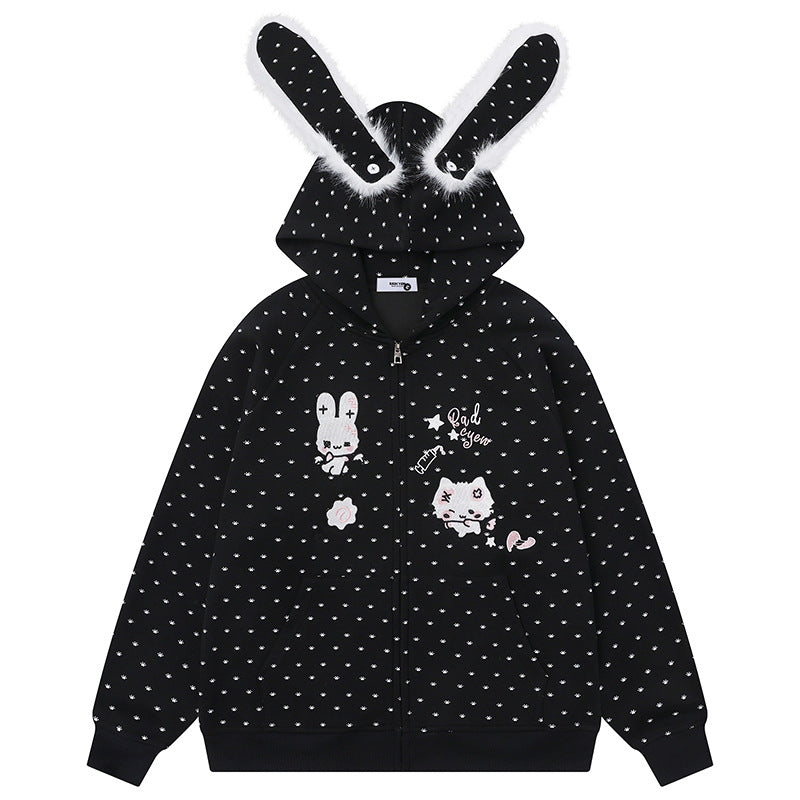 Damen Kapuzensweatjacke im Cozy-Kawaii‑Stil mit 3D-Ohren, Allover-Pünktchen und Frontreißverschluss Echoarchiv