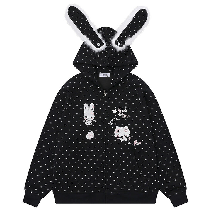 Damen Kapuzensweatjacke im Cozy-Kawaii‑Stil mit 3D-Ohren, Allover-Pünktchen und Frontreißverschluss Echoarchiv