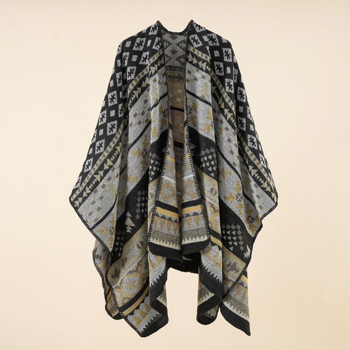 Damen Grobgewebter Ethno-Poncho mit Fransen – Avérine