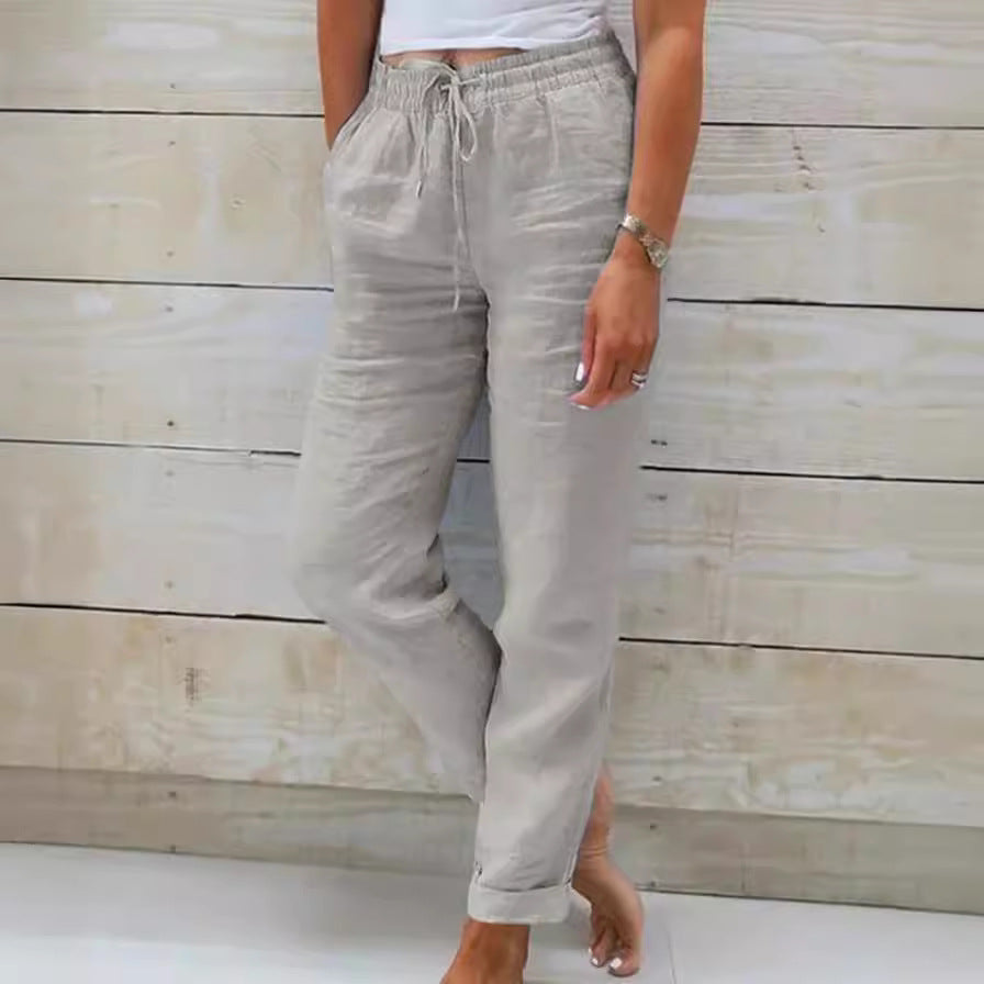 Damen nan lässige Leinenhose mit elastischem Bund und Kordelzug Echo Archiv