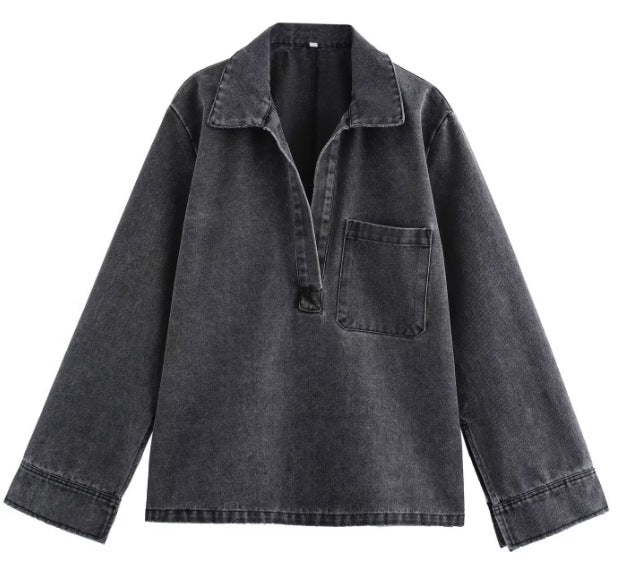 Damen 200+ Oversize Denim‑Hemdbluse mit V‑Ausschnitt und Brusttasche Echo Archiv