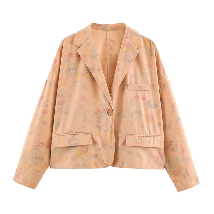 Damen Leichter Boxy‑Blazer mit floralem Aquarelldruck, aufgesetzten Pattentaschen und fallendem Revers Echo Archiv