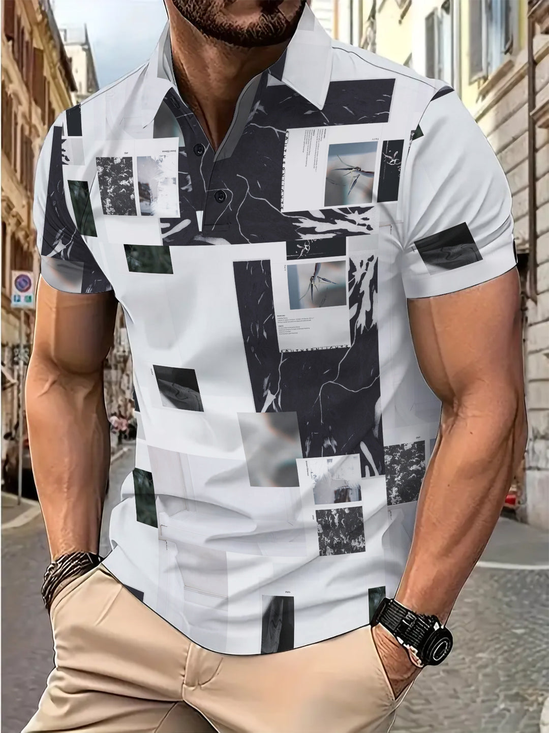 Herren Kurzarm Polohemd mit kreativem Fotomuster Echoarchiv