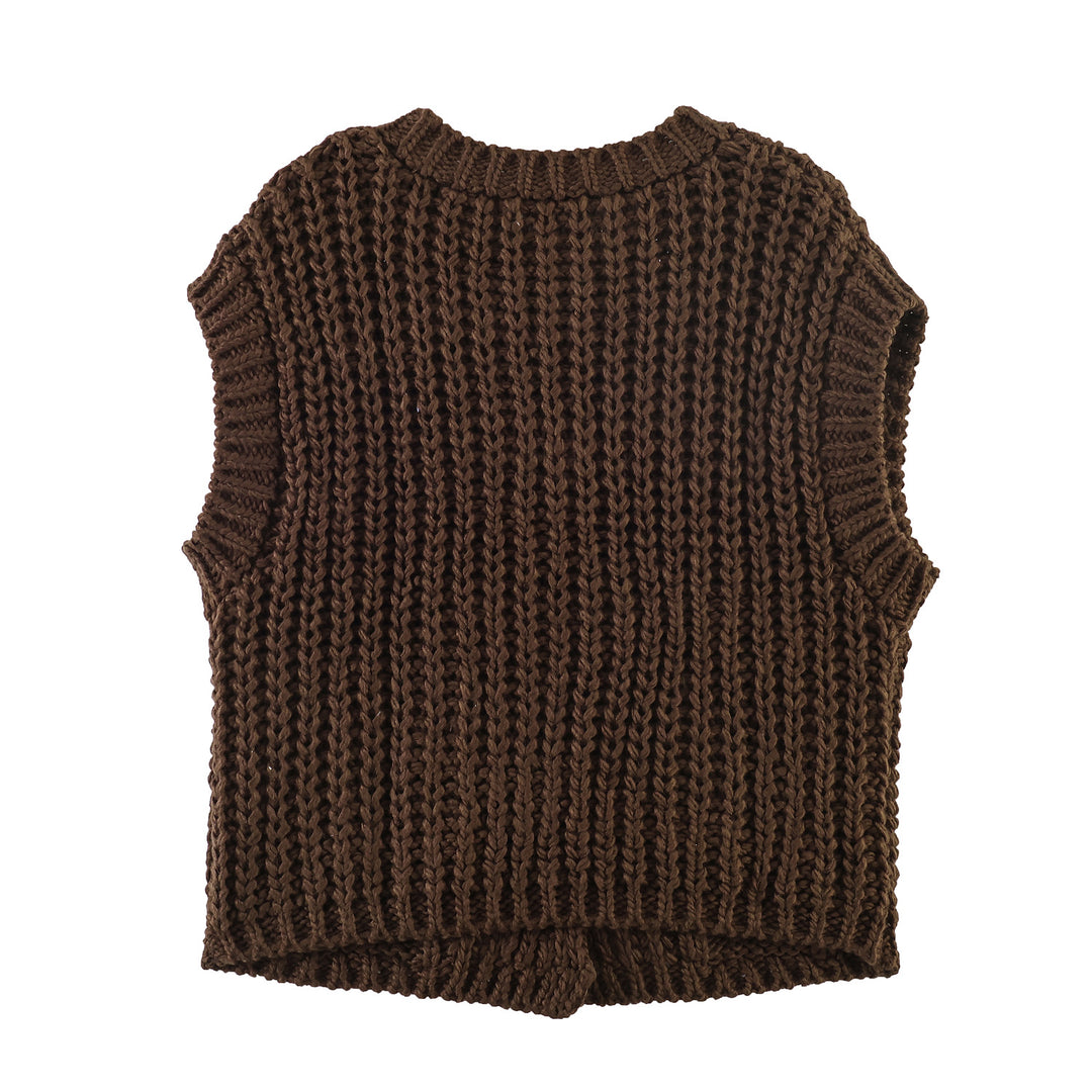 Damen Grobgestrickte ärmellose Weste mit Zierknöpfen und Taschen Echoarchiv