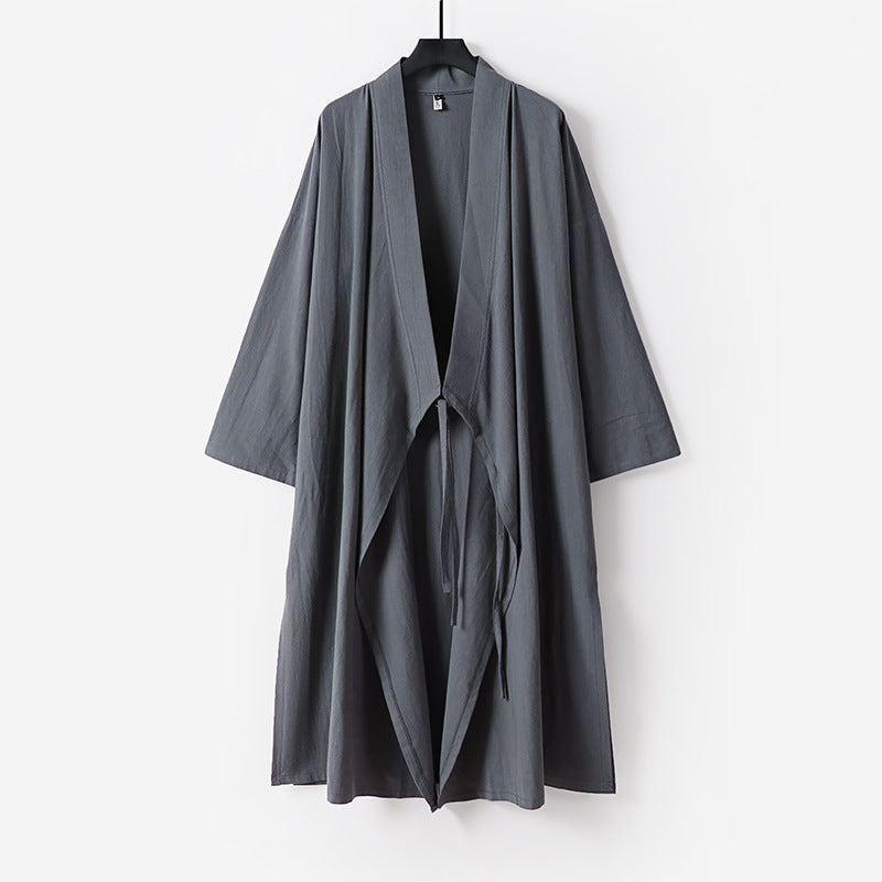 Unisex Langer Kimono-Mantel aus leichtem Baumwollmix mit drapierter Front und Bindeschlaufe Echoarchiv
