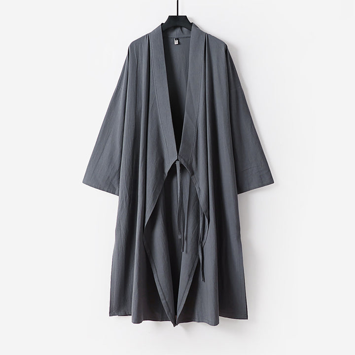 Unisex Langer Kimono-Mantel aus leichtem Baumwollmix mit drapierter Front und Bindeschlaufe Echoarchiv