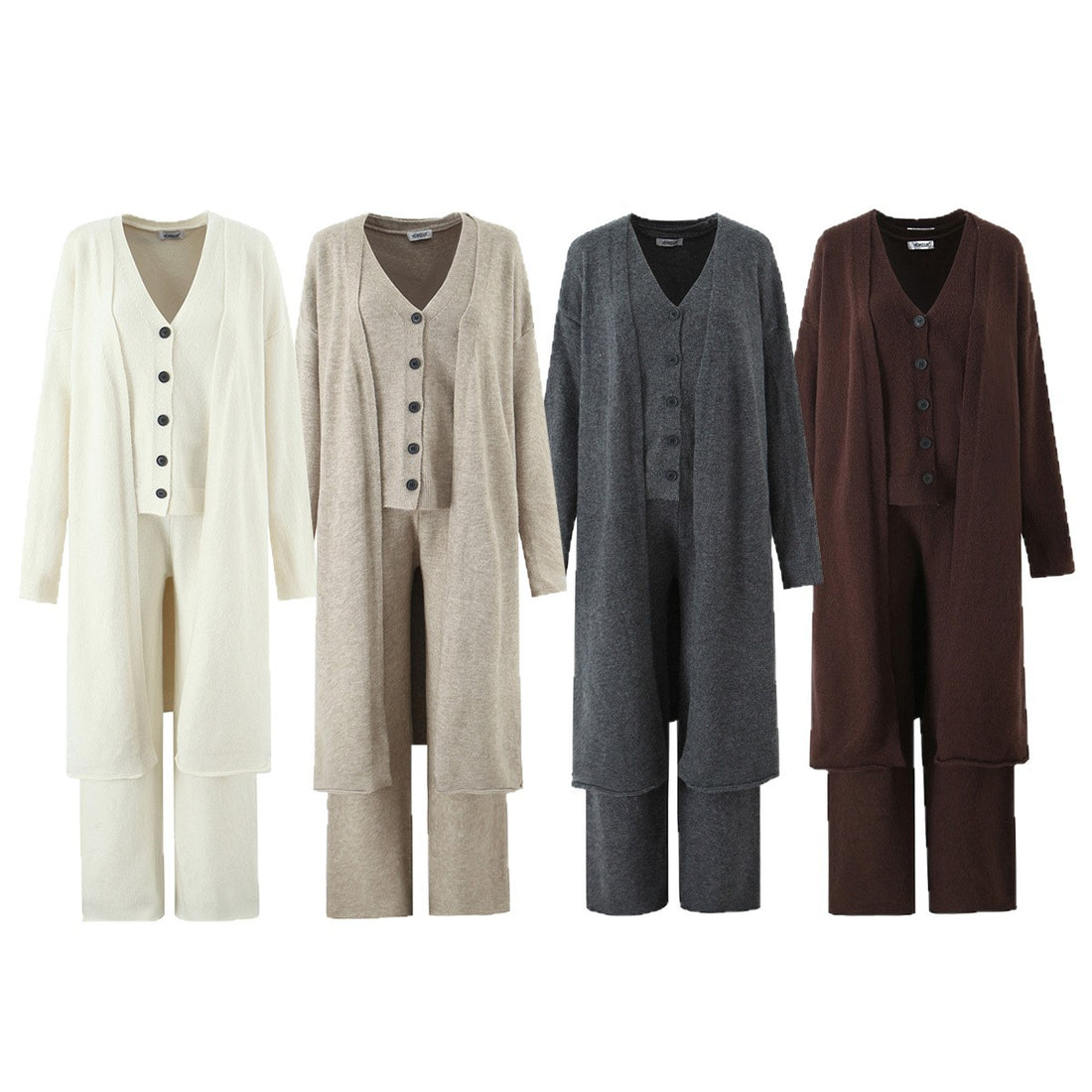 Damen Oversize Strick-Set mit Longcardigan, Knopf-Weste und weiten Hosen Echoarchiv