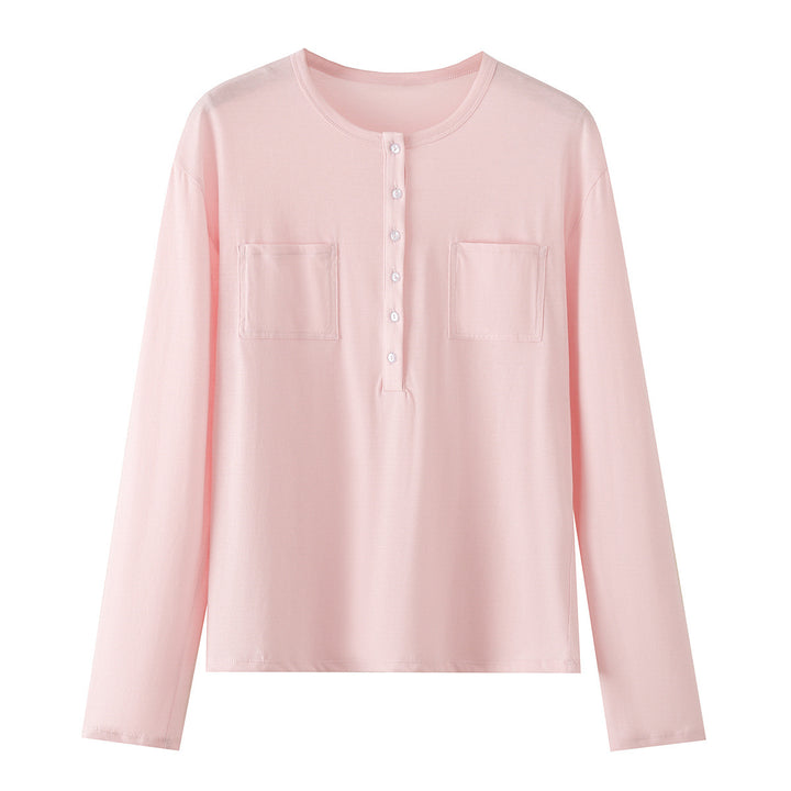 Damen Langarm-Henleyshirt mit Knopfleiste und aufgesetzten Brusttaschen Echo Archiv