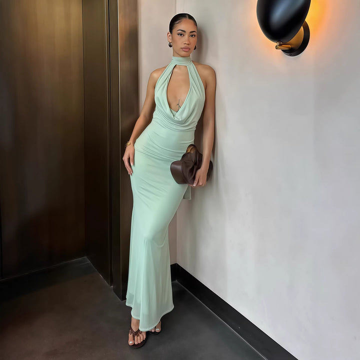 Damen elegantes Maxikleid mit tiefem V-Ausschnitt und schimmerndem Oberteil Echo Archiv