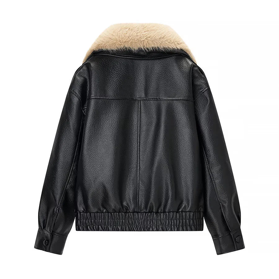 Damen kurz geschnittener Kunstleder-Blouson mit voluminösem Kunstfell-Schalkragen – Célinea