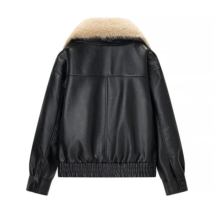 Damen kurz geschnittener Kunstleder-Blouson mit voluminösem Kunstfell-Schalkragen – Célinea