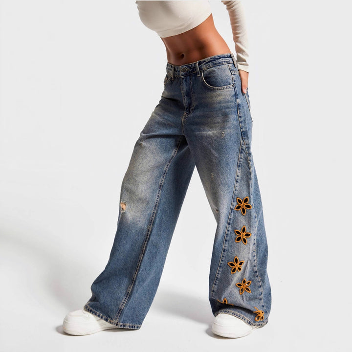 Damen weite Jeans mit floralem Stickdesign Echo Archiv