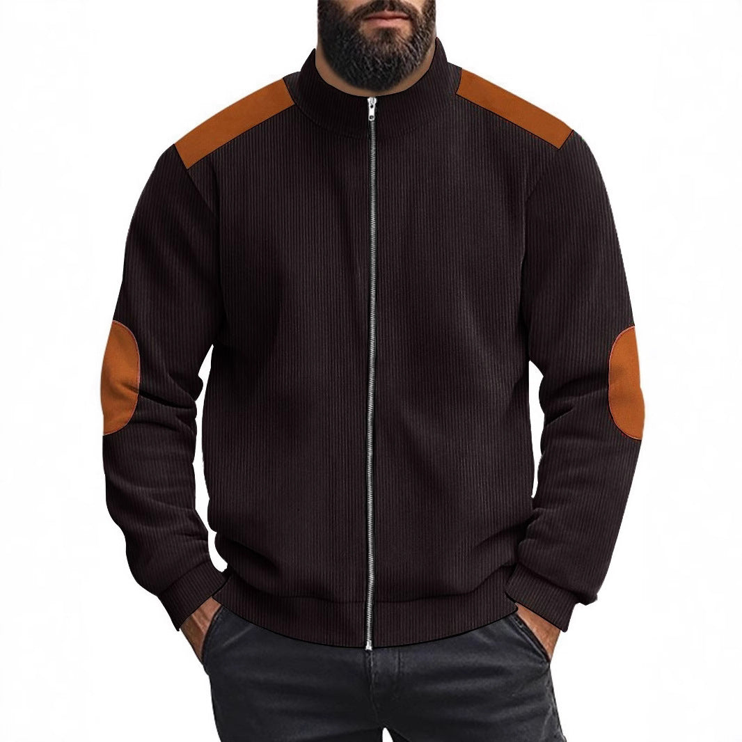 Herren Strickjacke mit modernen Lederakzenten und hoch geschlossenem Kragen Echoarchiv