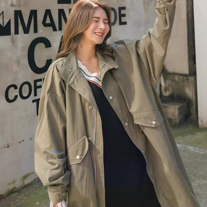 Damen Langer Oversize-Windbreaker im Utility-Look mit Pattentaschen Echoarchiv