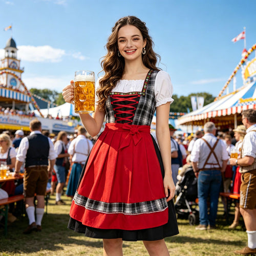 Damen nan traditionelles Trachten-Dirndl mit Schnürleiste, A-Linie Rock und Schleifen-Schürze Echo Archiv