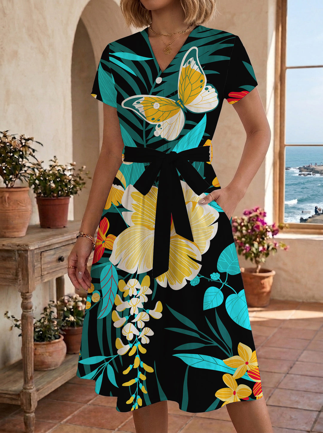 Damen Midikleid mit floralem Motiv und Taillengürtel Echo Archiv