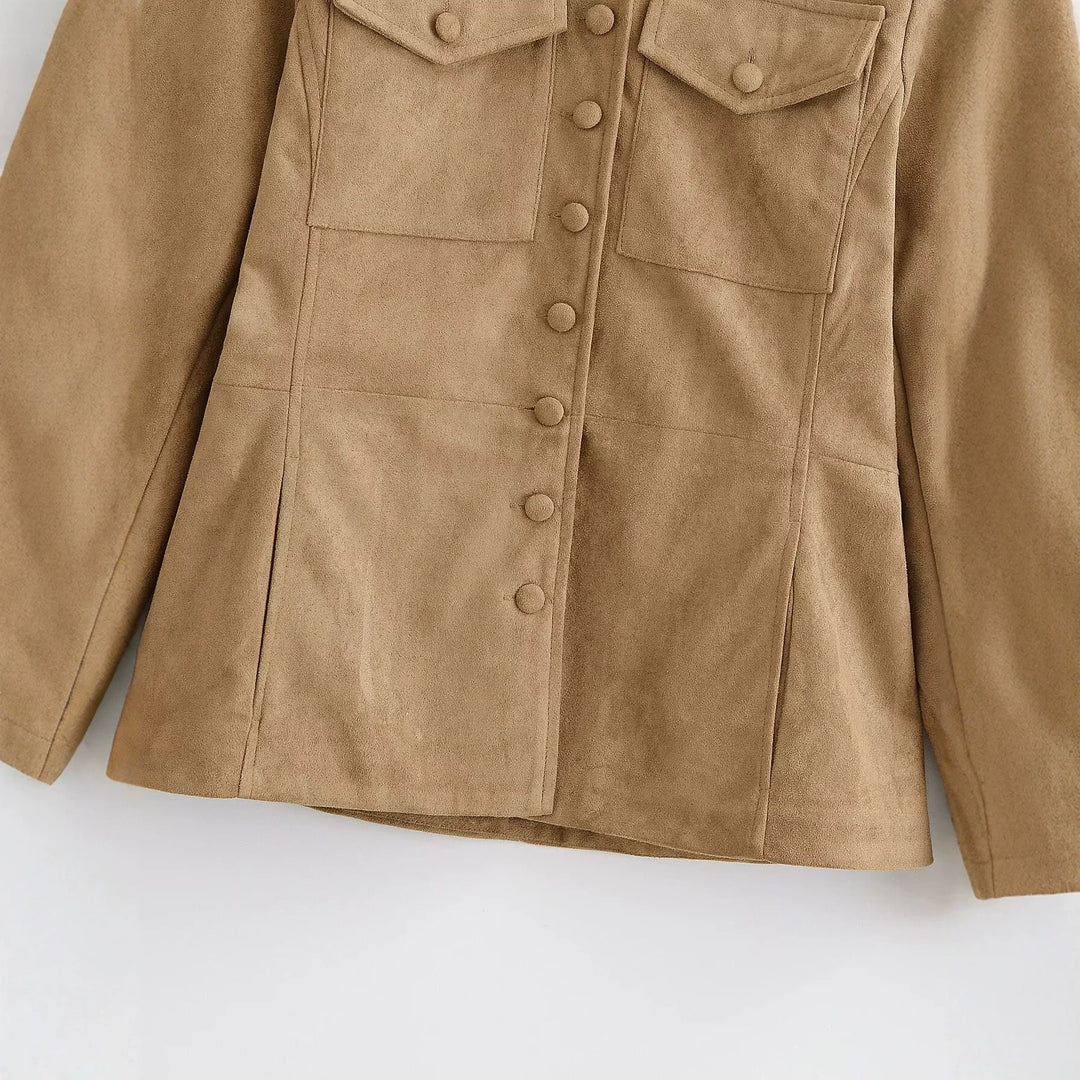 Damen Wildlederoptik Fieldjacke mit Stehkragen und Pattentaschen Echo Archiv