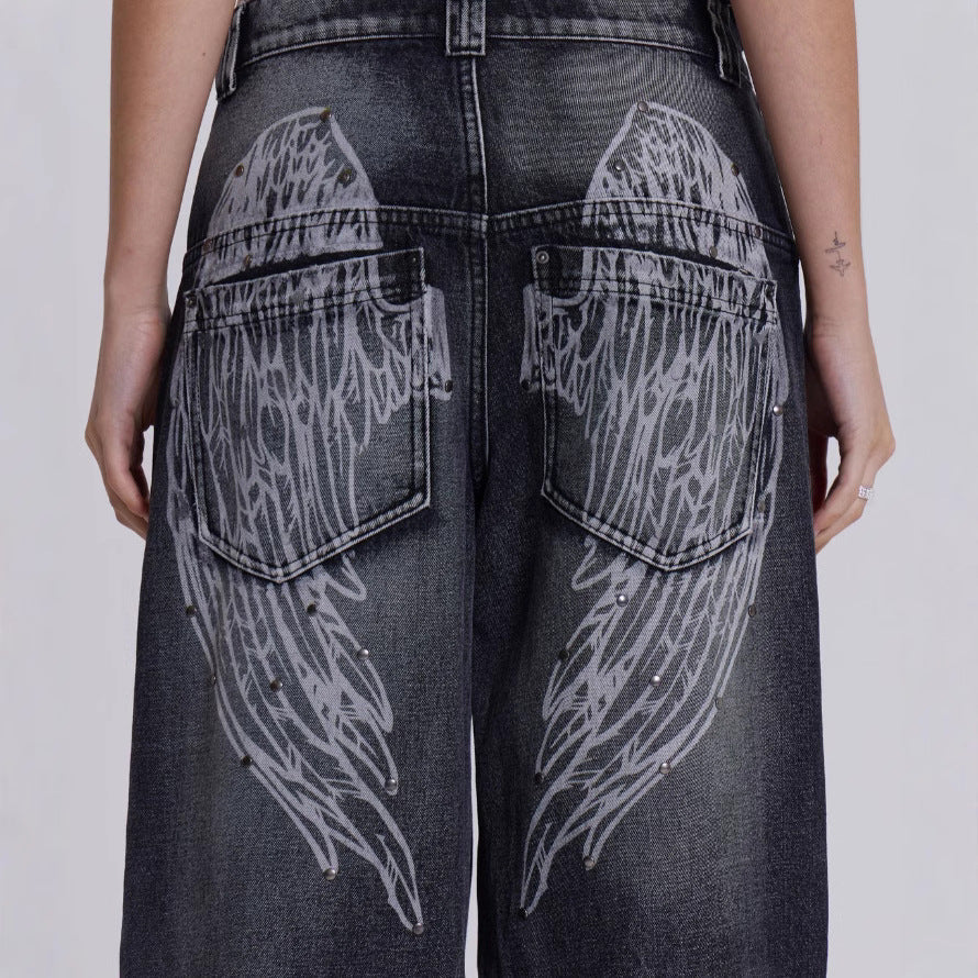 Damen weite Jeans mit kunstvollem Flügel-Design und einzigartigen Details Echo Archiv