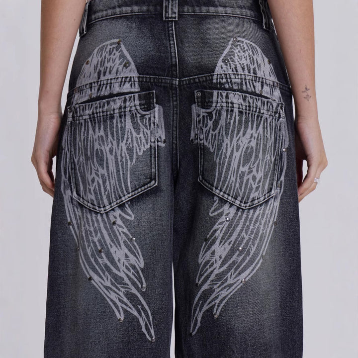 Damen weite Jeans mit kunstvollem Flügel-Design und einzigartigen Details Echo Archiv