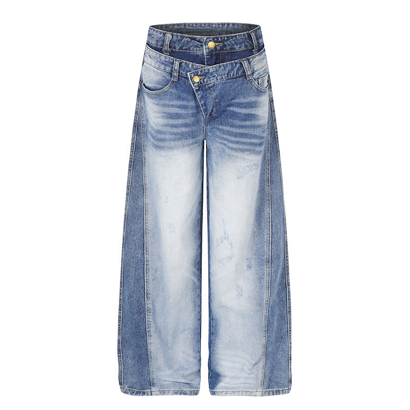 Damen Jeanshose mit weitem Culotte‑Schnitt, asymmetrischem Doppelbund und Kontrast-Seitenbahnen Echoarchiv