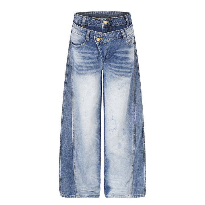 Damen Jeanshose mit weitem Culotte‑Schnitt, asymmetrischem Doppelbund und Kontrast-Seitenbahnen Echoarchiv