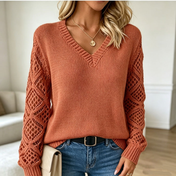 Damen Kuschelstrickpullover mit V‑Ausschnitt und Durchbruchärmeln – Mavelle