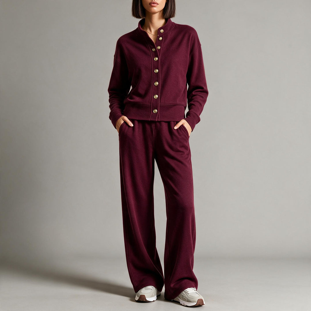 Damen Sweatjacke mit Druckknopfleiste, Stehkragen und weichem Lounge-Schnitt Echoarchiv