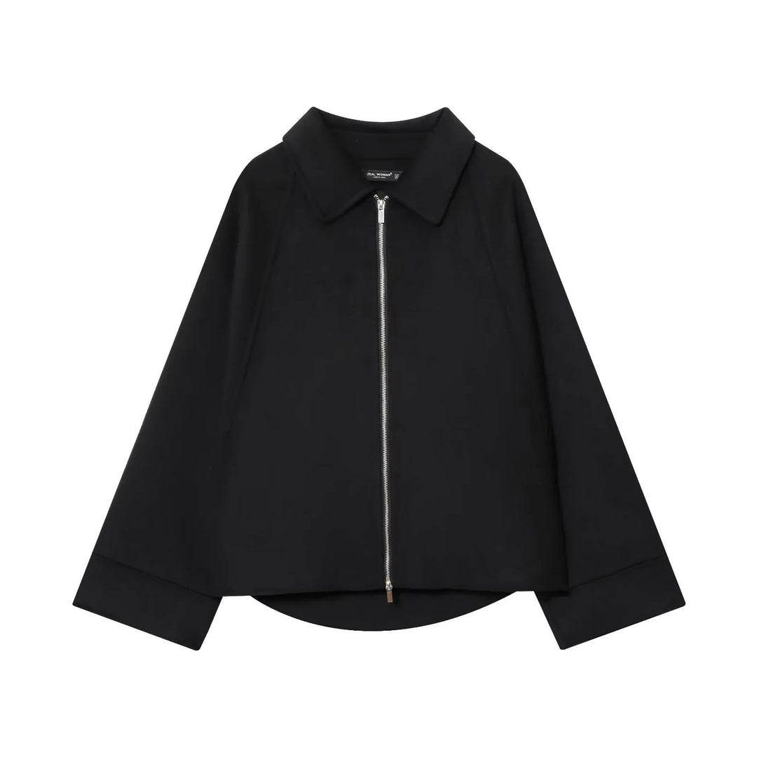 Damen kastiges Zip-Overshirt mit Hemdkragen, Raglanärmeln und verlängertem Saum – Célinea