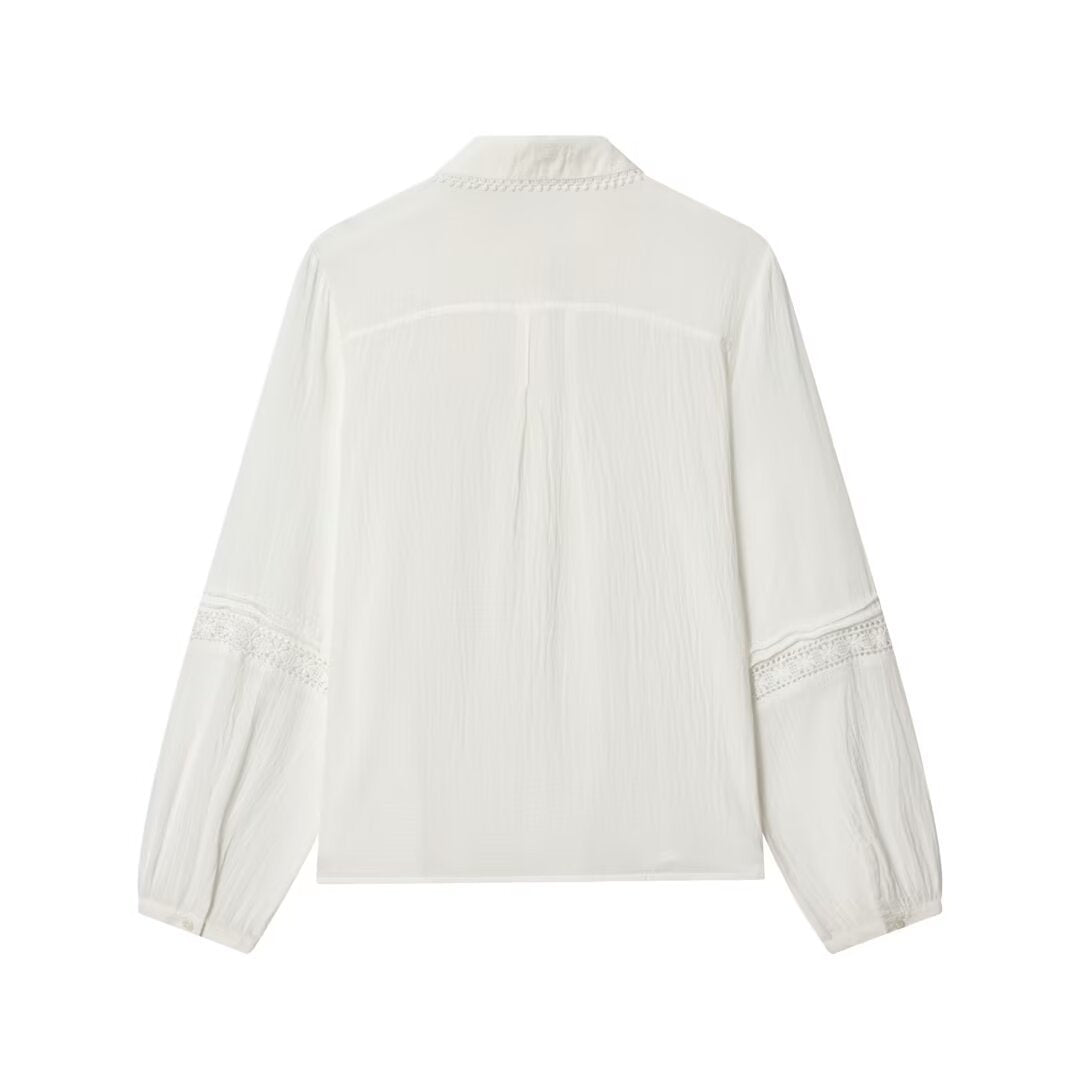 Damen Bluse mit zarter Spitzenapplikation, verdeckter Knopfleiste und Ballonärmeln Echo Archiv